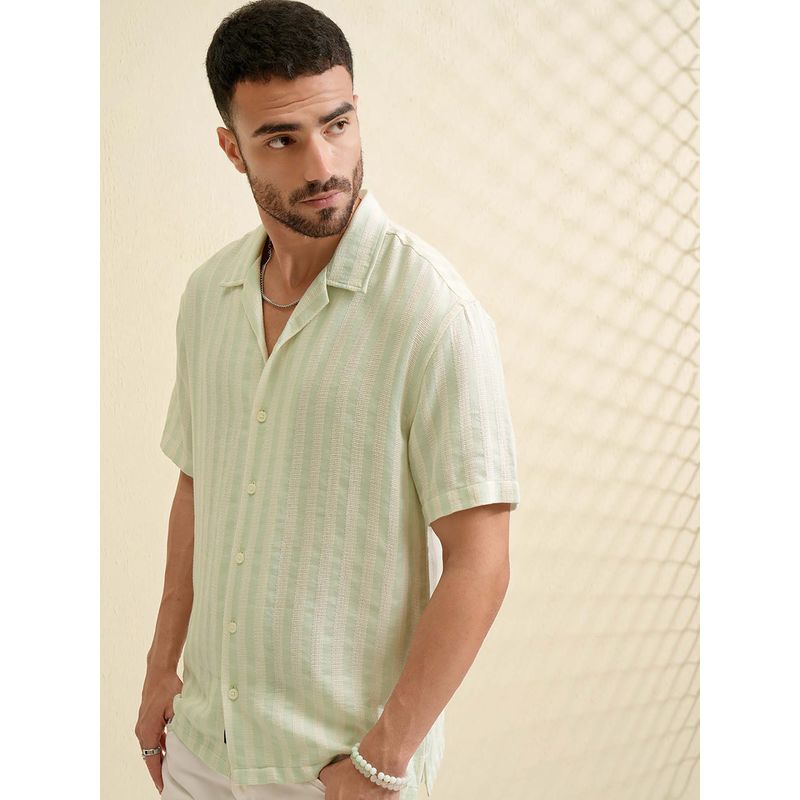 LOCOMOTIVE Men Mint Green Dobby Textured Stripes Collar Relaxed Fit Shirt (L)