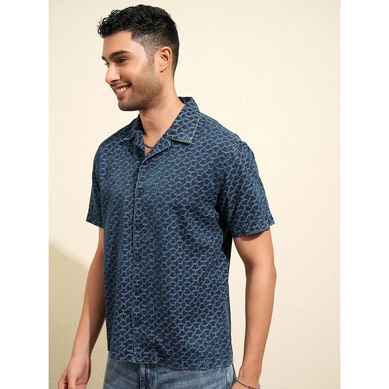 LOCOMOTIVE Men Navy Blue Printed Collar Relaxed Fit Shirt (L)