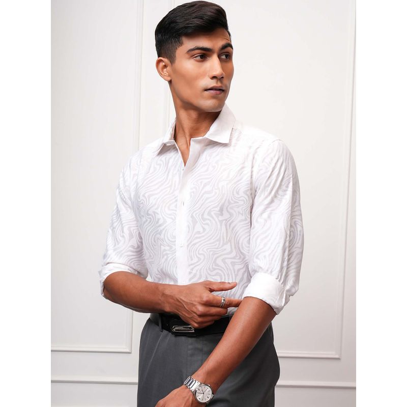 LOCOMOTIVE Men White Burnout Jacquard Self Design Shirt (XL)