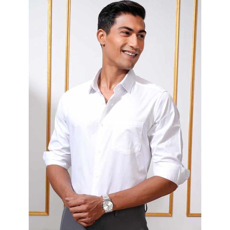 LOCOMOTIVE Men White Dobby Stripes Slim Fit Shirt (L)