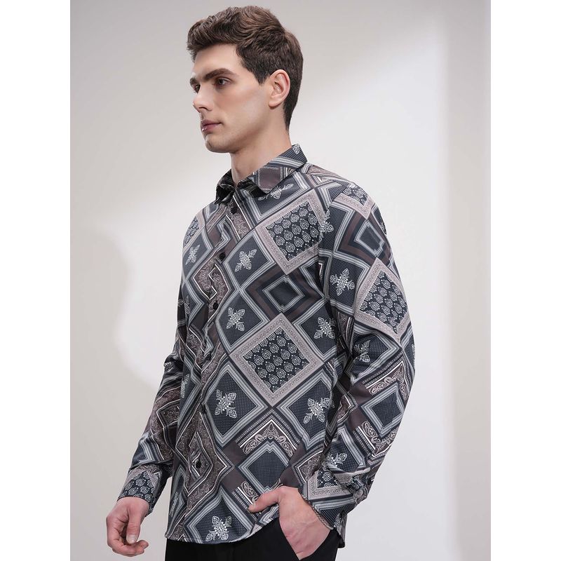 LOCOMOTIVE Men Grey Popcorn Printed Slim Fit Party Shirt (L)