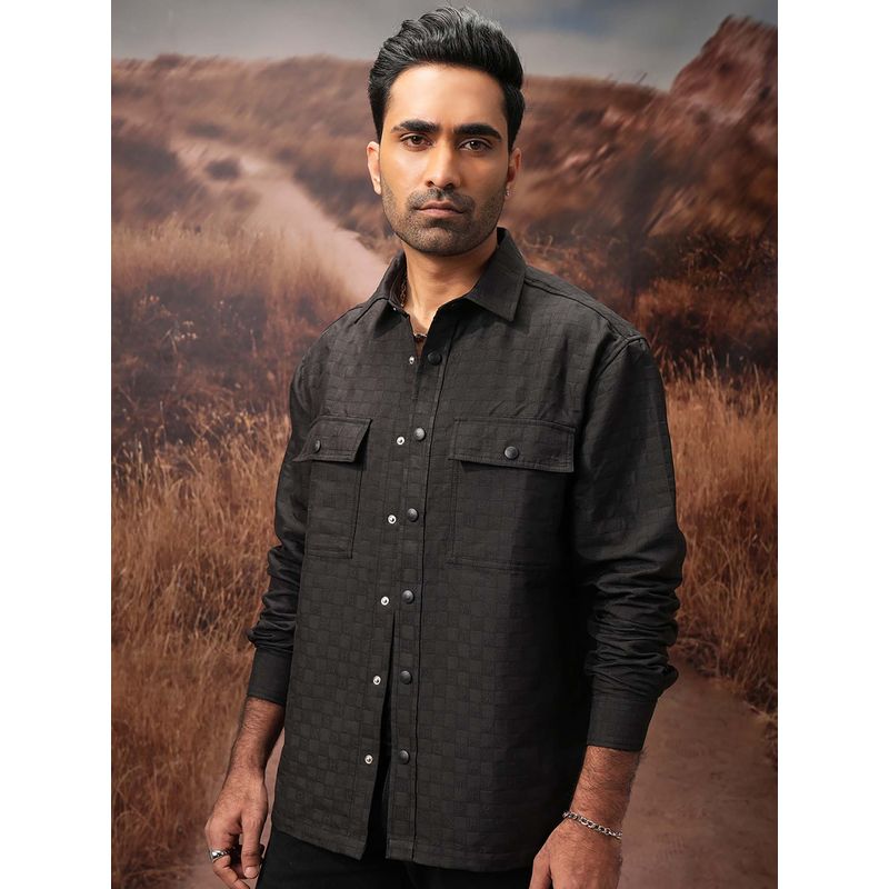 LOCOMOTIVE Men Black Checks Oversized Shirt (L)