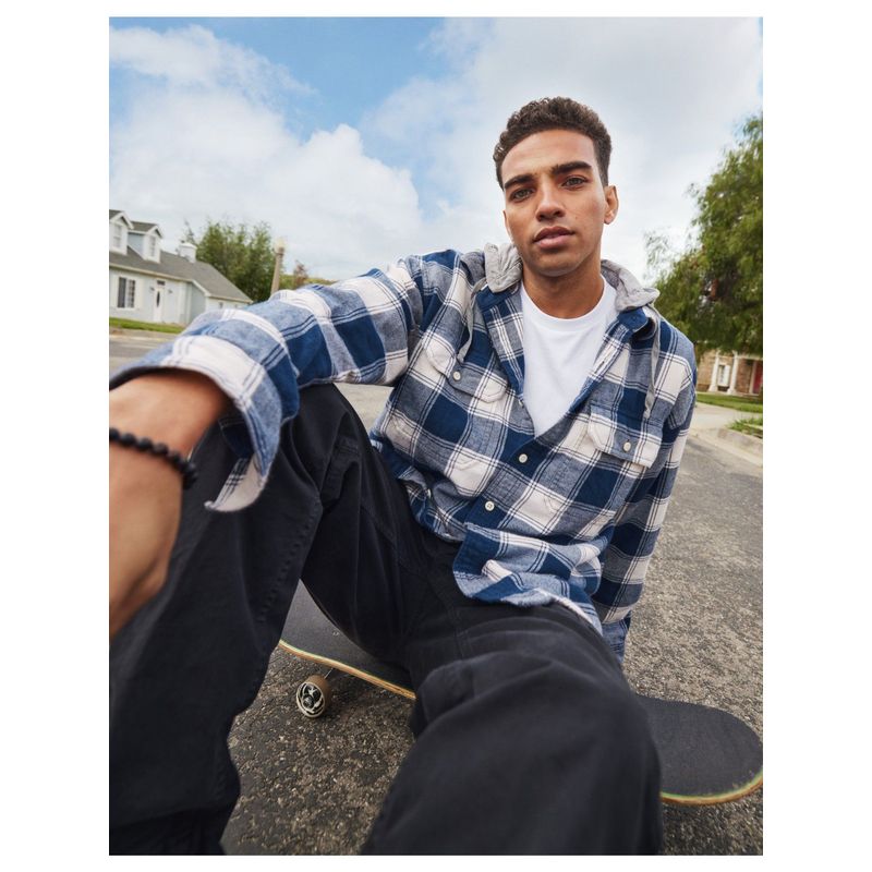 American Eagle Men Blue Super Soft Hooded Flannel Shirt (M)