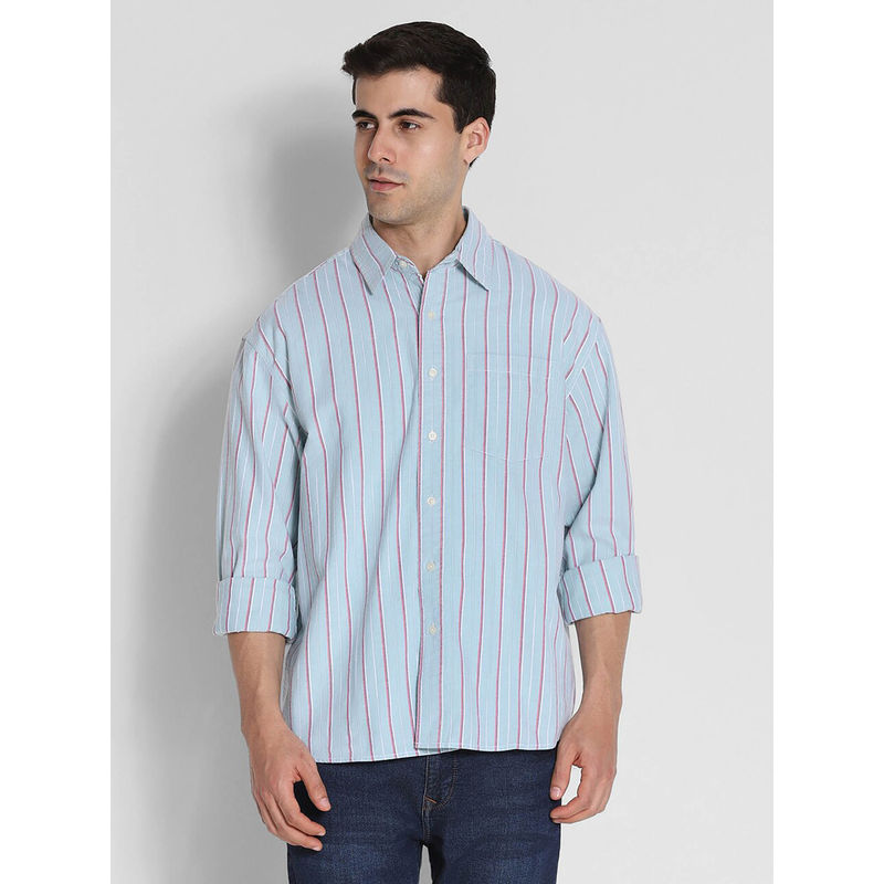 American Eagle Men Blue Everyday Relaxed Striped Oxford Button-Up Shirt (S)