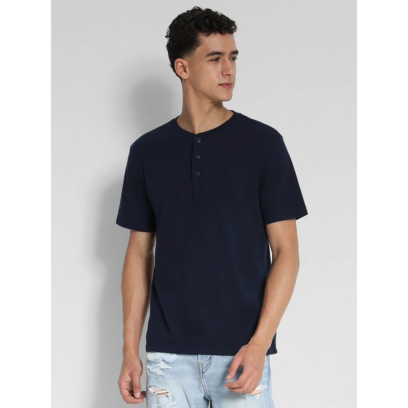 American Eagle Men Navy Blue Short-Sleeve Henley Icon T-Shirt (XS)