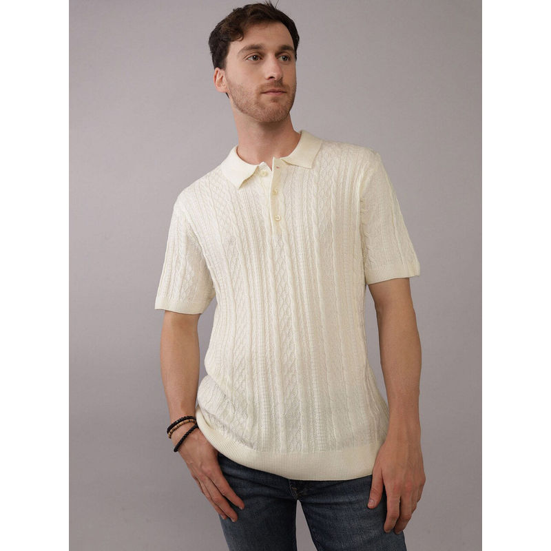 American Eagle Men Cream Textured Sweater Polo Shirt (XS)