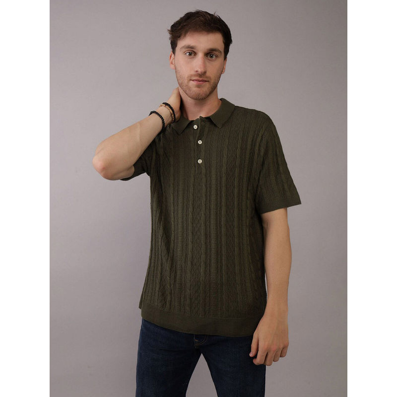 American Eagle Men Olive Textured Sweater Polo Shirt (XS)