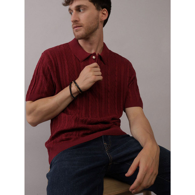 American Eagle Men Burgundy Textured Sweater Polo Shirt (S)