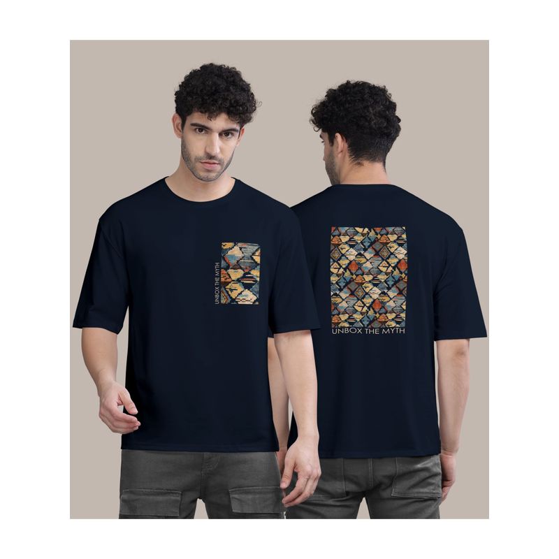 BULLMER Navy Blue Front and Back Printed Colourblock Baggy Oversized T-Shirt for Men (S)
