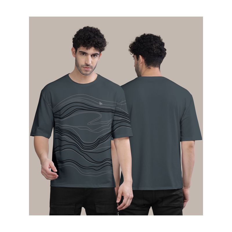 BULLMER Dark Grey Front Printed Colourblock Baggy Oversized T-Shirt for Men (L)