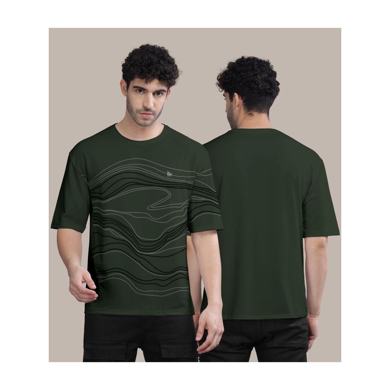 BULLMER Olive Front Printed Colourblock Baggy Oversized T-Shirt for Men (L)