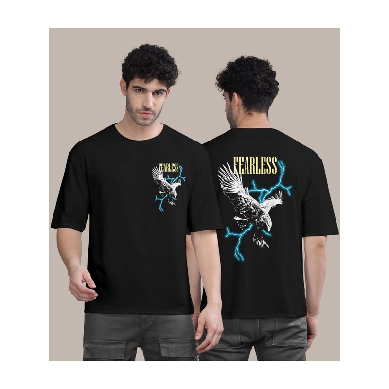BULLMER Black Front and Back Printed Colourblock Baggy Oversized T-Shirt for Men (M)