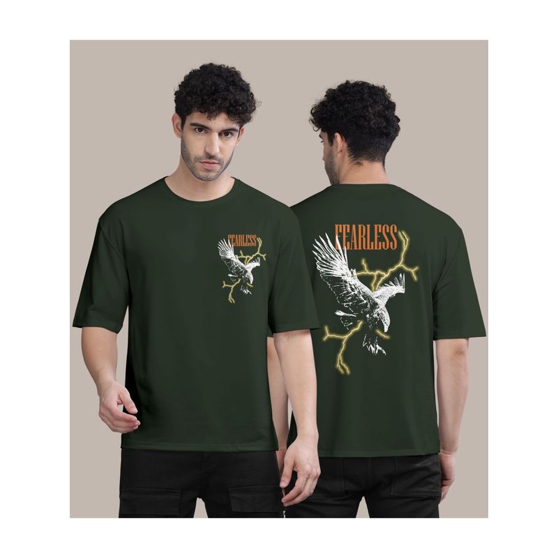 BULLMER Olive Front and Back Printed Colourblock Baggy Oversized T-Shirt for Men (M)
