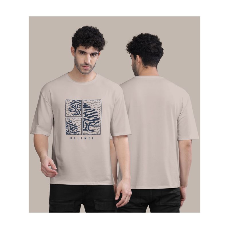 BULLMER Beige Front Printed Colourblock Baggy Oversized T-Shirt for Men (S)