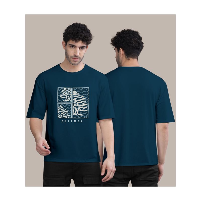 BULLMER Petrol Blue Front Printed Colourblock Baggy Oversized T-Shirt for Men (M)
