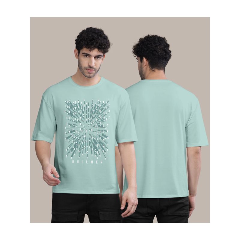 BULLMER Neo Mint Green Front Printed Colourblock Baggy Oversized T-Shirt for Men (M)