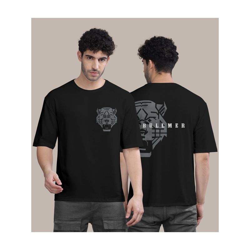 BULLMER Black Front and Back Printed Colourblock Baggy Oversized T-Shirt for Men (L)