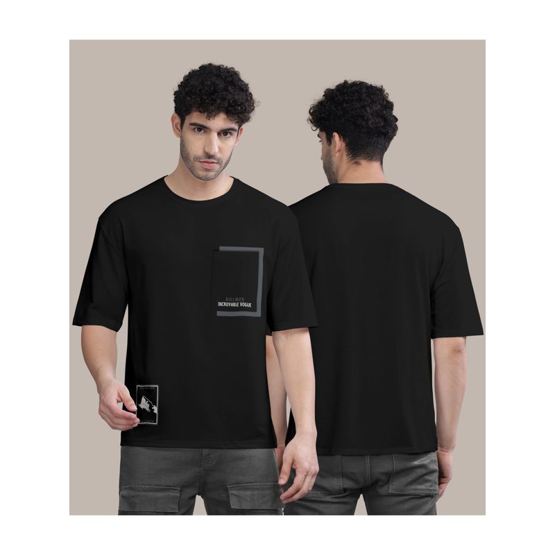 BULLMER Black Front Printed Colourblock Baggy Oversized T-Shirt for Men (L)