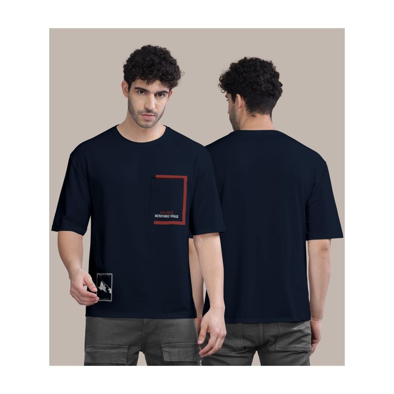 BULLMER Navy Blue Front Printed Colourblock Baggy Oversized T-Shirt for Men (M)