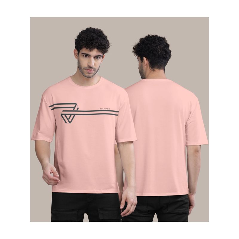 BULLMER Peach Front Printed Colourblock Baggy Oversized T-Shirt for Men (2XL)