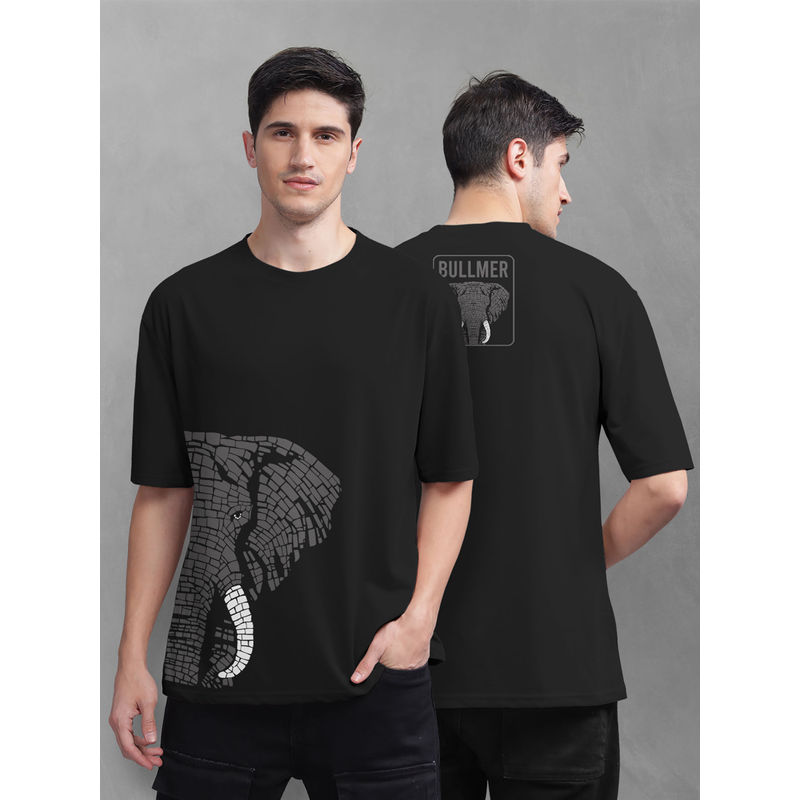 BULLMER Men Black Cotton Front and Back Printed Oversized T-Shirt (2XL)