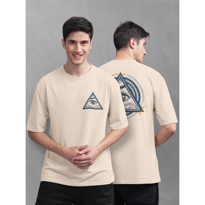 BULLMER Men Beige Cotton Front and Back Printed Oversized T-Shirt (XL)