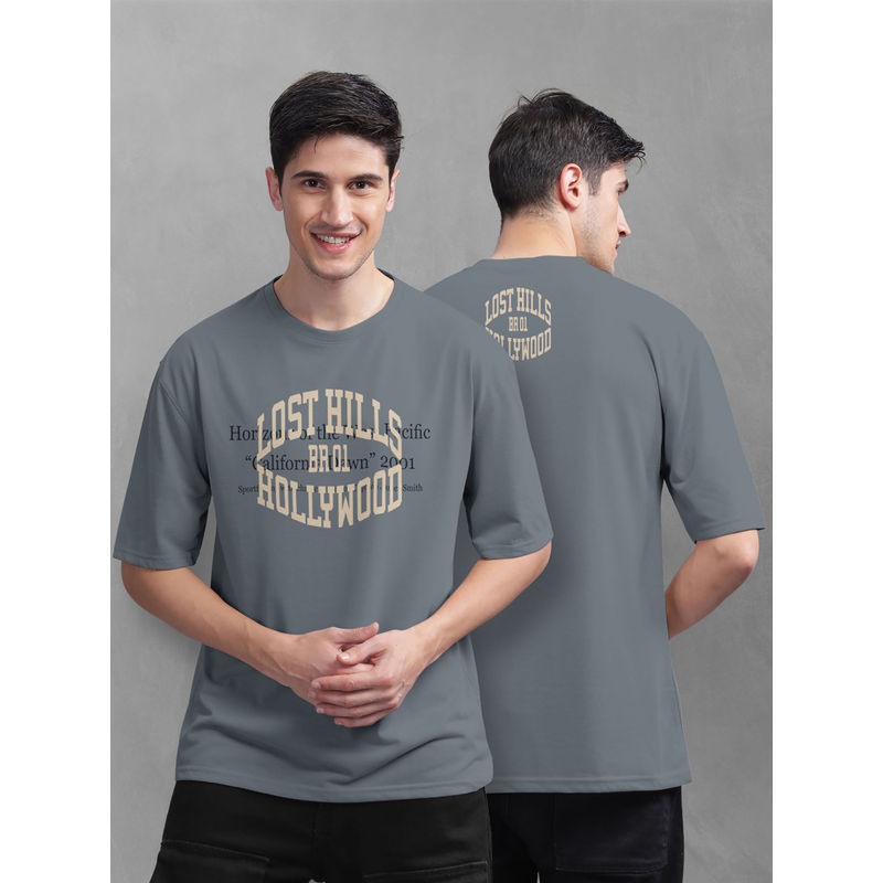 BULLMER Men Grey Cotton Front and Back Typography Oversized T-Shirt (S)