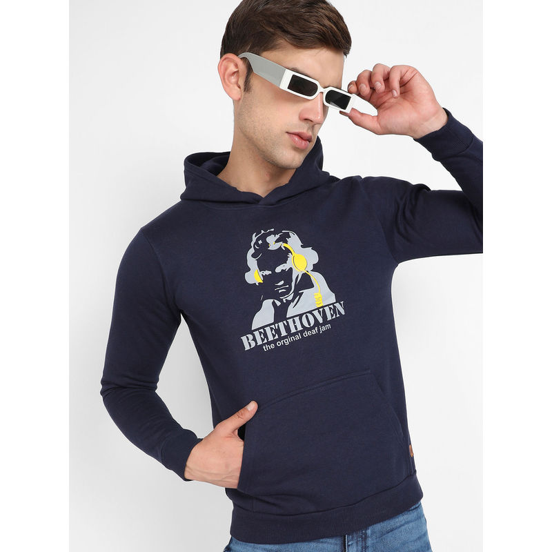 Campus Sutra Mens Navy Blue Beethovan Hoodie with Kangaroo Pocket (S)