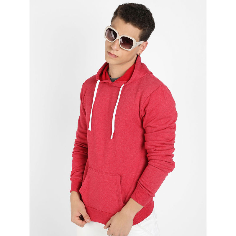 Campus Sutra Mens Red Pullover Hoodie with Contrast Drawstring (L)