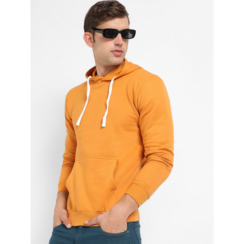 Campus Sutra Mens Mustard Yellow Pullover Hoodie with Contrast Drawstring (S)