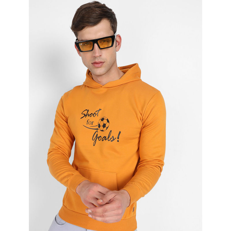 Campus Sutra Mens Mustard Yellow Shoot For Goals Hoodie with Kangaroo Pocket (S)