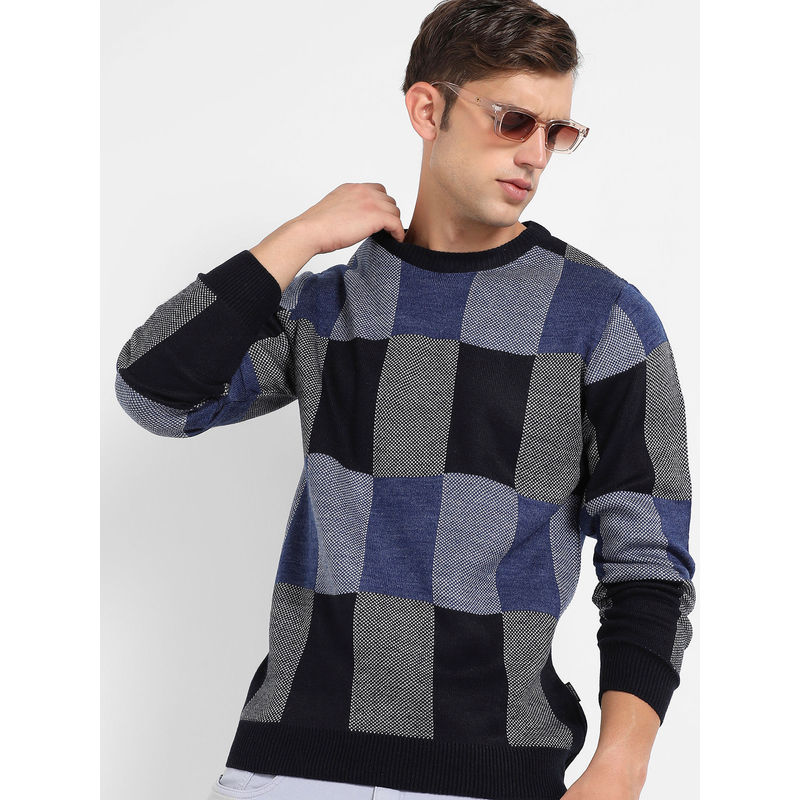 Campus Sutra Mens Blue Block Check Pullover Sweater (L)