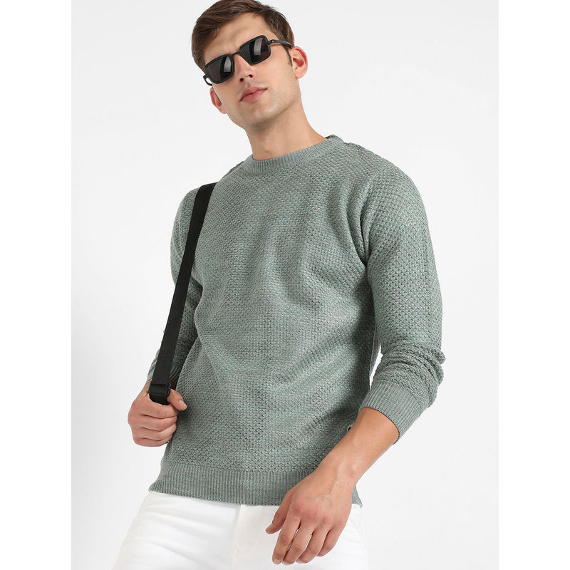 Campus Sutra Mens Sage Green Textured Knit Pullover Sweater (L)