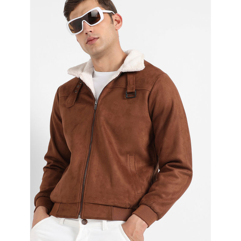 Campus Sutra Mens Brown Zip Front Jacket with Fleece Detail (XL)
