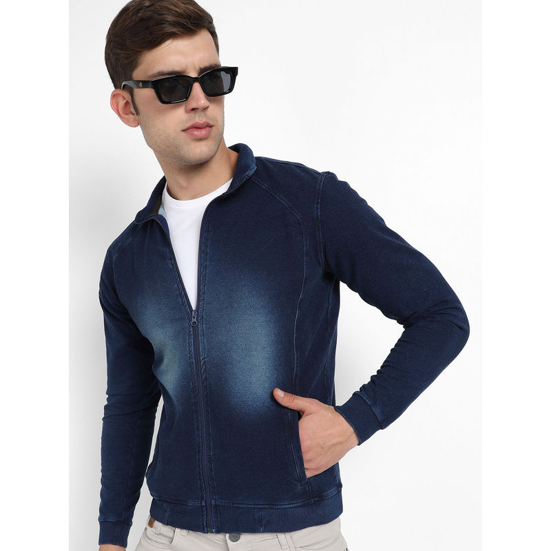 Campus Sutra Mens Navy Blue Zip Front Dark Wash Denim Jacket (S)