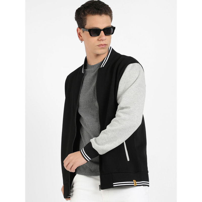 Campus Sutra Mens Black & Grey Zip Front Jacket with Open Angled Pocket (XL)