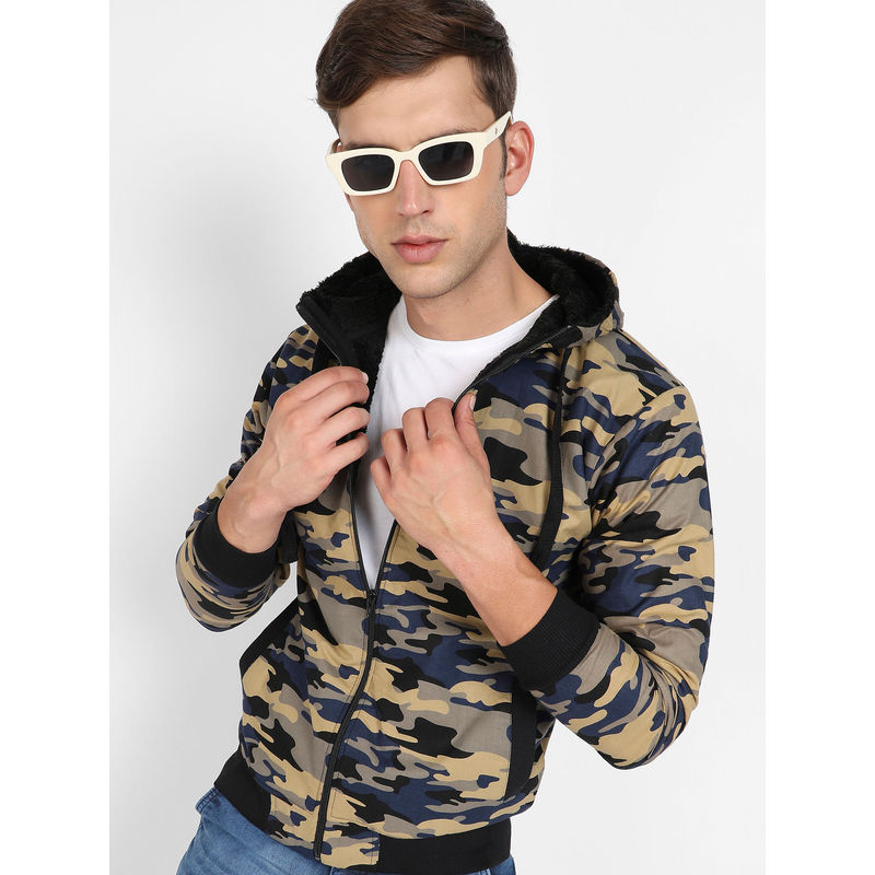 Campus Sutra Mens Navy Blue Camouflage Hoodie with Insert Pocket (S)