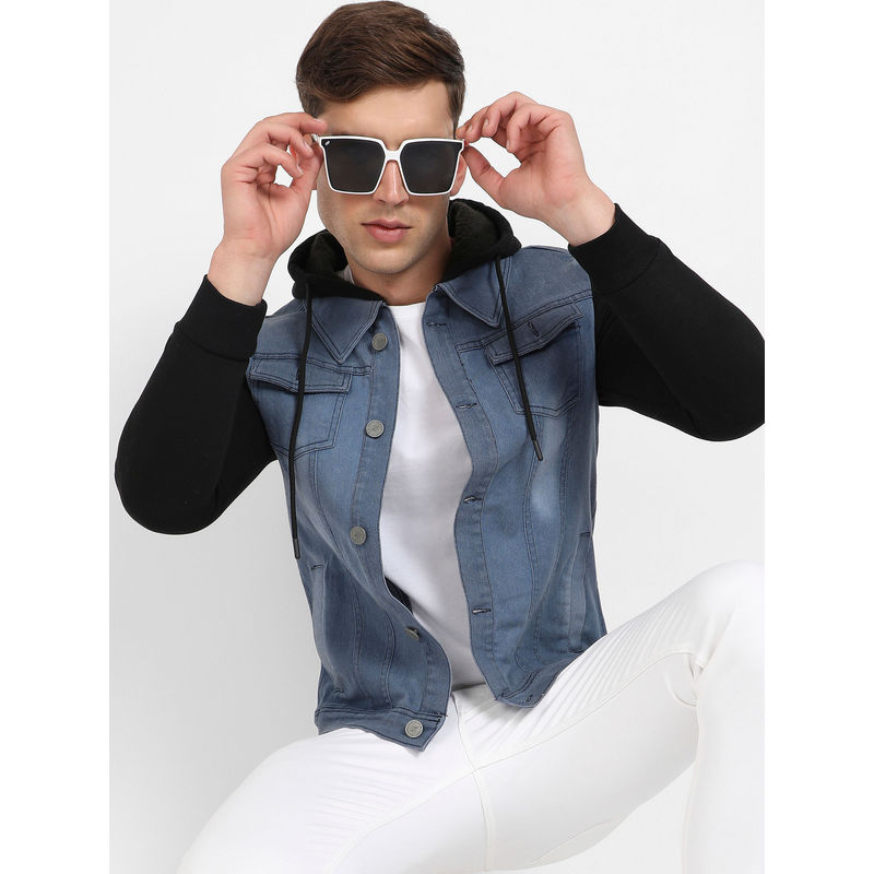 CAHOOT Mens Blue & Black Light Wash Denim Jacket with Sweatshirt Sleeve (M)