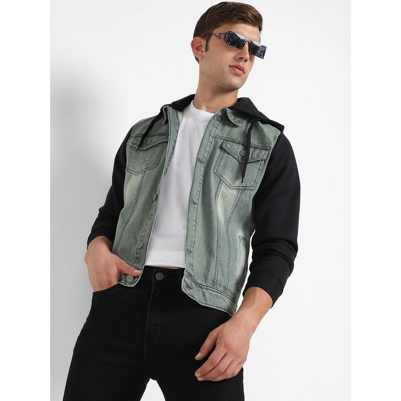 Campus Sutra Mens Grey & Black Light Wash Denim Jacket with Sweatshirt Sleeve (XL)