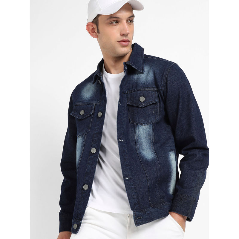 Campus Sutra Mens Navy Blue Dark Wash Denim Jacket with Button Closure (L)