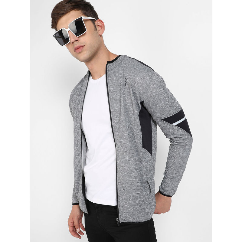 Campus Sutra Mens Grey Heathered Activewear Jacket with Contrast Detail (S)