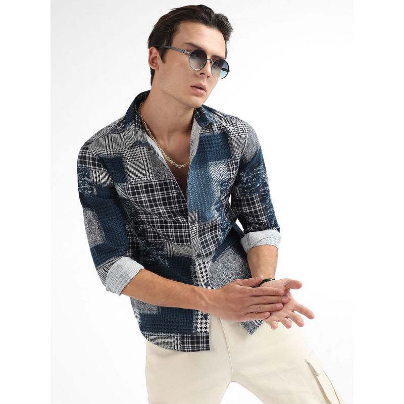 CAHOOT Men Navy Blue Herringbone Block Shirt (L)
