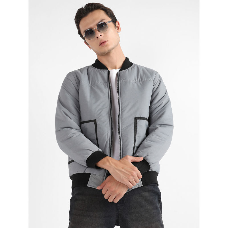 Campus Sutra Men Light Grey Zip-Front Puffer Jacket with Contrast Detail (XL)