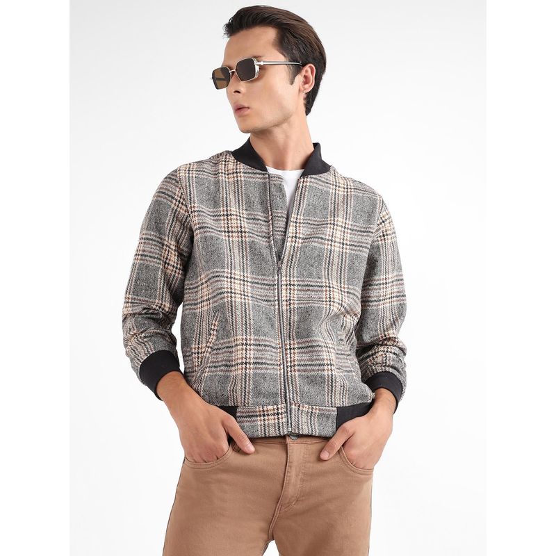 Campus Sutra Men Grey Tartan Plaid Jacket with Ribbed Hem (L)