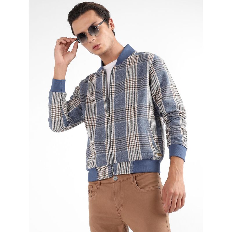 Campus Sutra Men Icy Blue Tartan Plaid Jacket with Ribbed Hem (M)