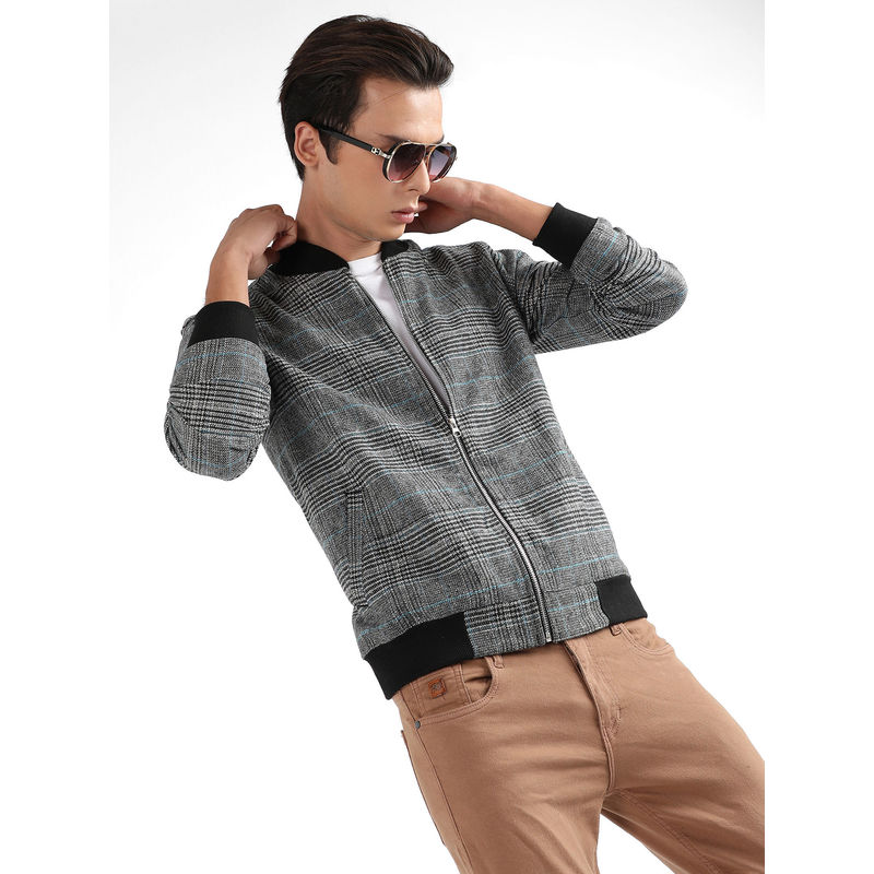 Campus Sutra Men Black Tartan Plaid Jacket with Ribbed Hem (M)