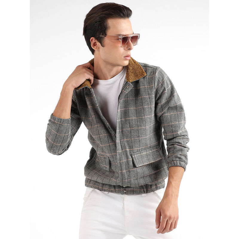 Campus Sutra Men Grey Tartan Plaid Jacket with Fleece Collar (M)