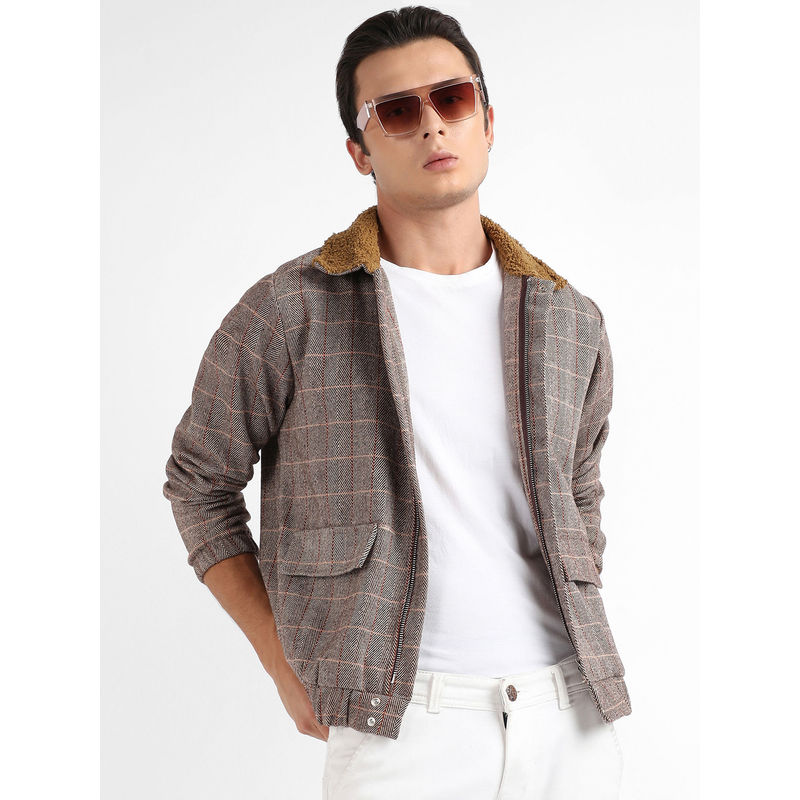 Campus Sutra Men Brown Tartan Plaid Jacket with Fleece Collar (L)