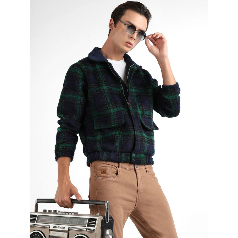 Campus Sutra Men Navy Blue & Green Tartan Plaid Jacket with Fleece Collar (M)