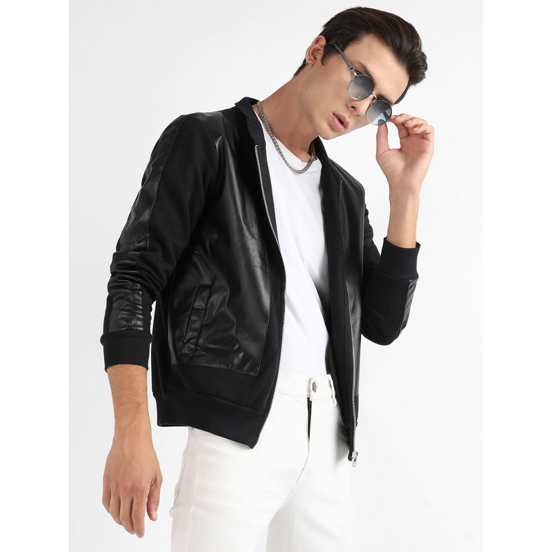 Campus Sutra Men Black Zip-Front Jacket with Ribbed Hem (M)
